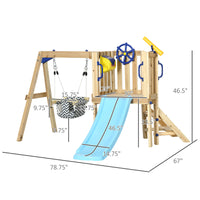 Outsunny 3 In 1 Wooden Swing Set Outdoor Playset With Baby Swing Seat, Toddler Slide, Captain'S Wheel, Telescope, Kids Backyard Playground Equipment, Ages 1.5 4 Natural Wood Hdpe