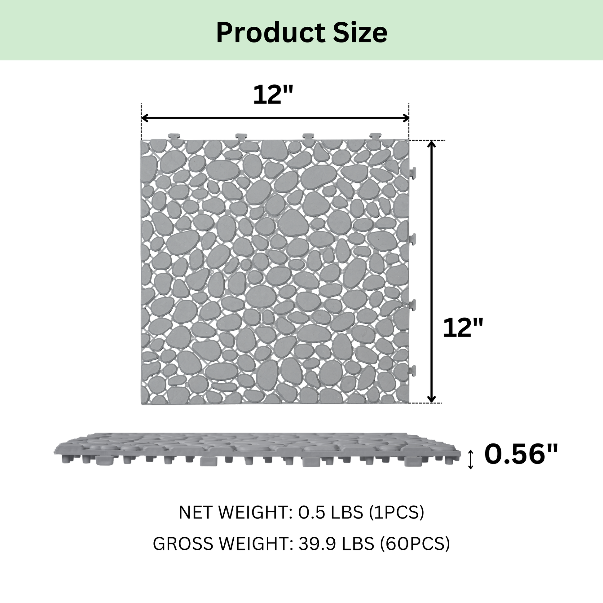 12 X 12 Inch Gray Interlocking Deck Tiles Plastic Waterproof Outdoor All Weather Anti Slip Bathroom Shower Balcony Porch Strong Weight Capacity Upto 440 Lbs, Pebble Stone Pattern Pack Of 60 Grey American Design,American Traditional Plastic