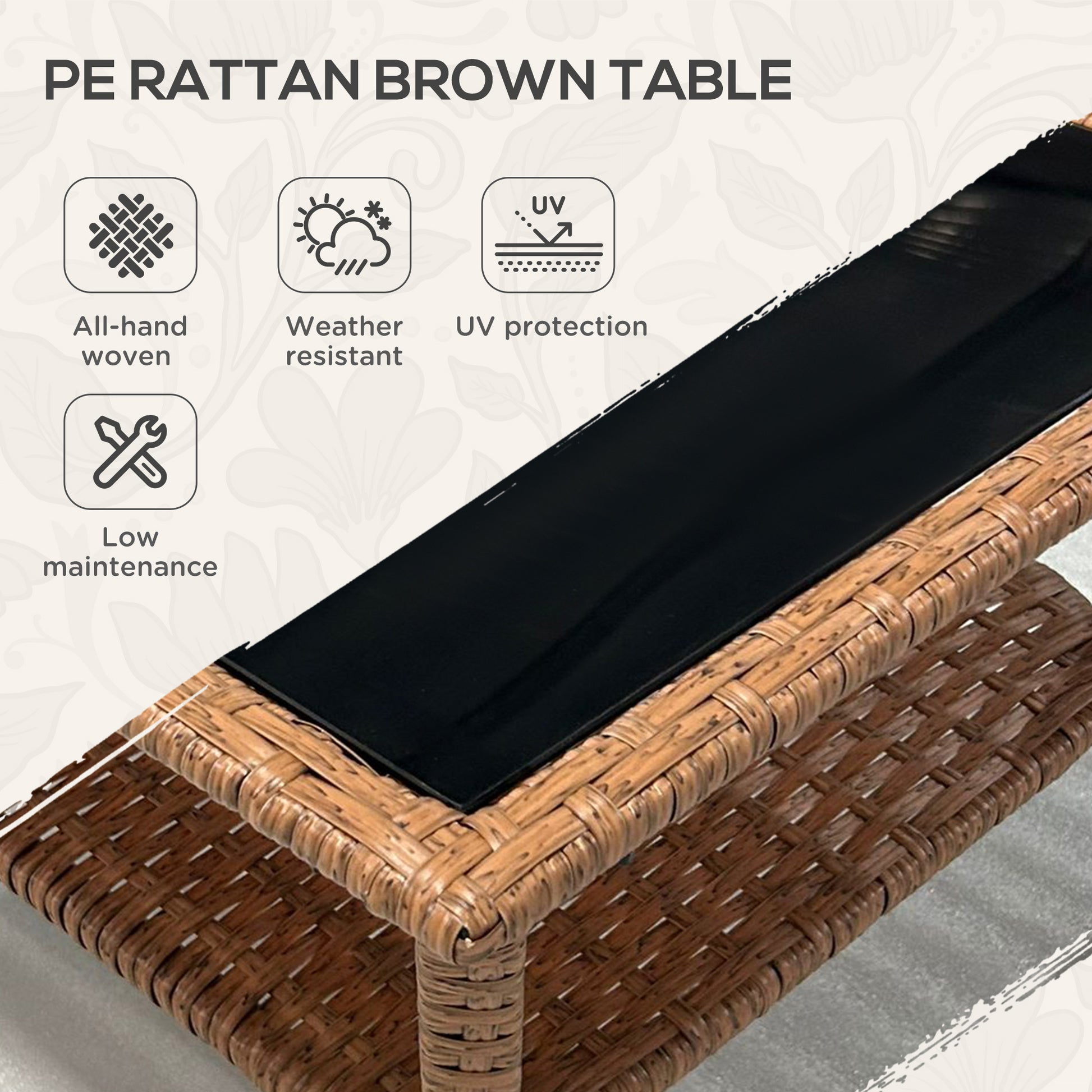 Outsunny Rattan Side Table, Outdoor End Table With Storage Shelf, Aluminum Frame Square, Coffee Table With Tempered Glass Top, Sand Black Brown Aluminum