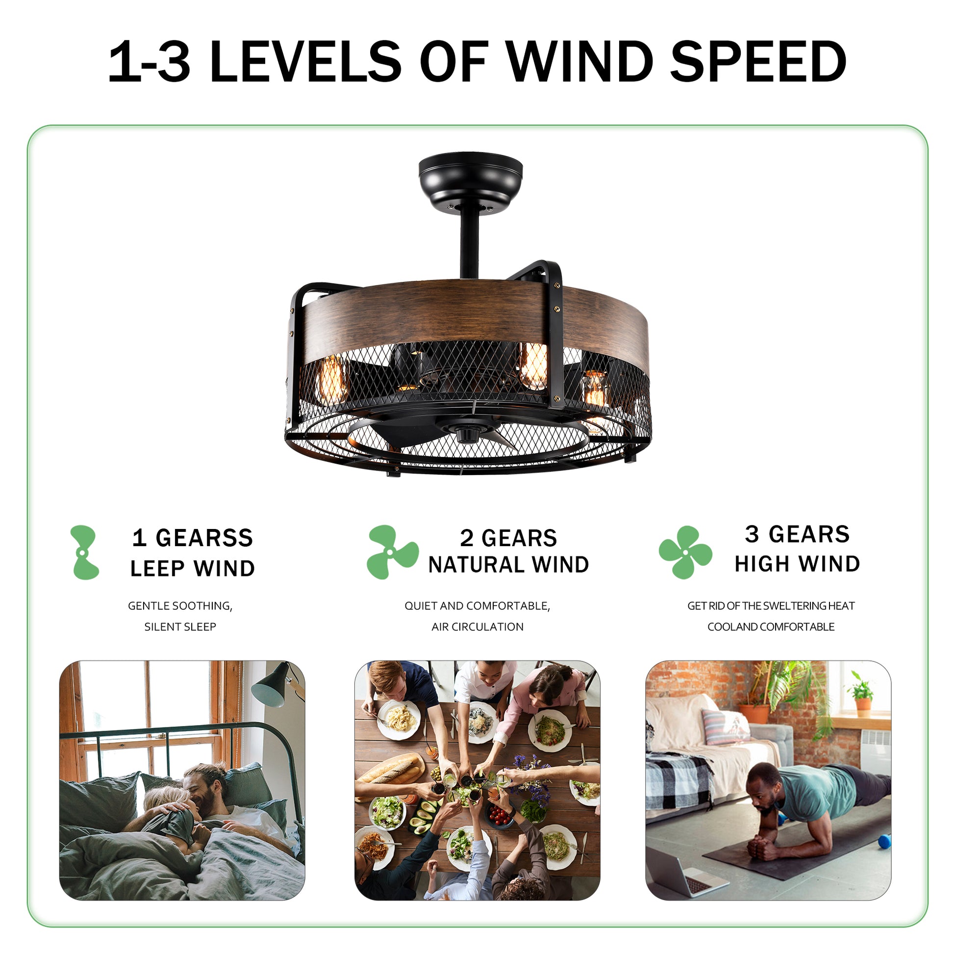 20.6" Caged Ceiling Fan With Lights Remote Control Bladeless Retractable 3 Speed 1 2 4 Timer,Modern Enclosed Reversible Motor Ceiling Fan For Farmhouse, Bedroom Living Room Matte Black American Design,Farmhouse,Modern,Traditional,Vintage Abs Metal