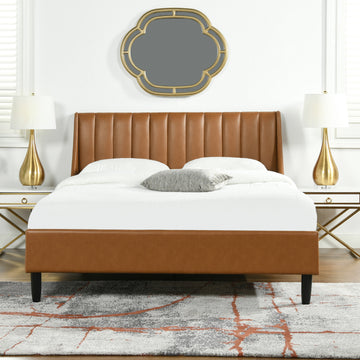 Aspen Vertical Tufted Modern Headboard Platform Bed Set, Queen, Caramel Tan Brown Faux Leather Box Spring Not Required Queen Tan Brown Wood Foam Faux Leather Faux Leather