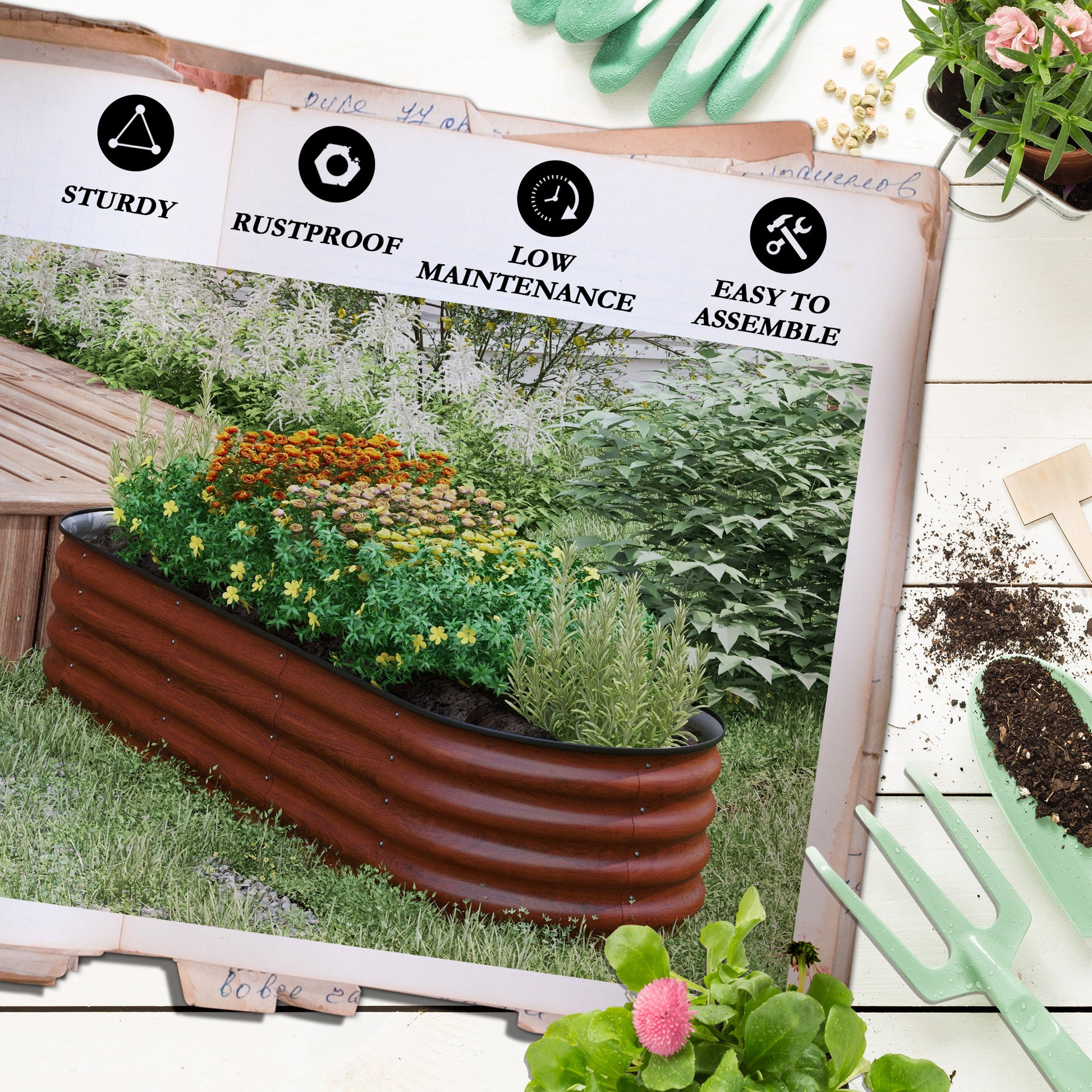 Outsunny 6.5' X 2' X 1.4' Galvanized Raised Garden Bed Kit, Outdoor Metal Elevated Planter Box With Safety Edging, Easy Diy Stock Tank For Growing Flowers, Herbs & Vegetables, Brown Brown Zinc