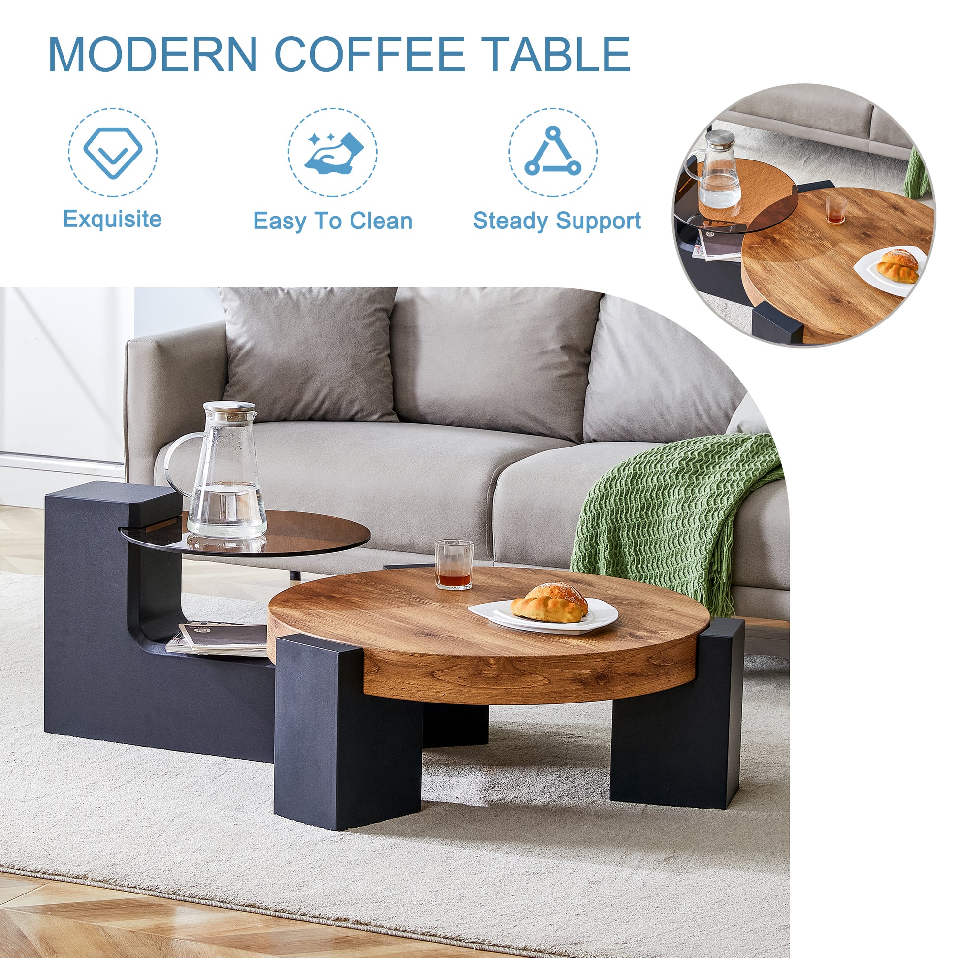 The Detachable Double Decker Coffee Table, The Stylish Design Is More Precious, And The Detachable Design Can Make The Use Of Space More Flexible And Suitable For Various Scenes. Black,Wood Mdf