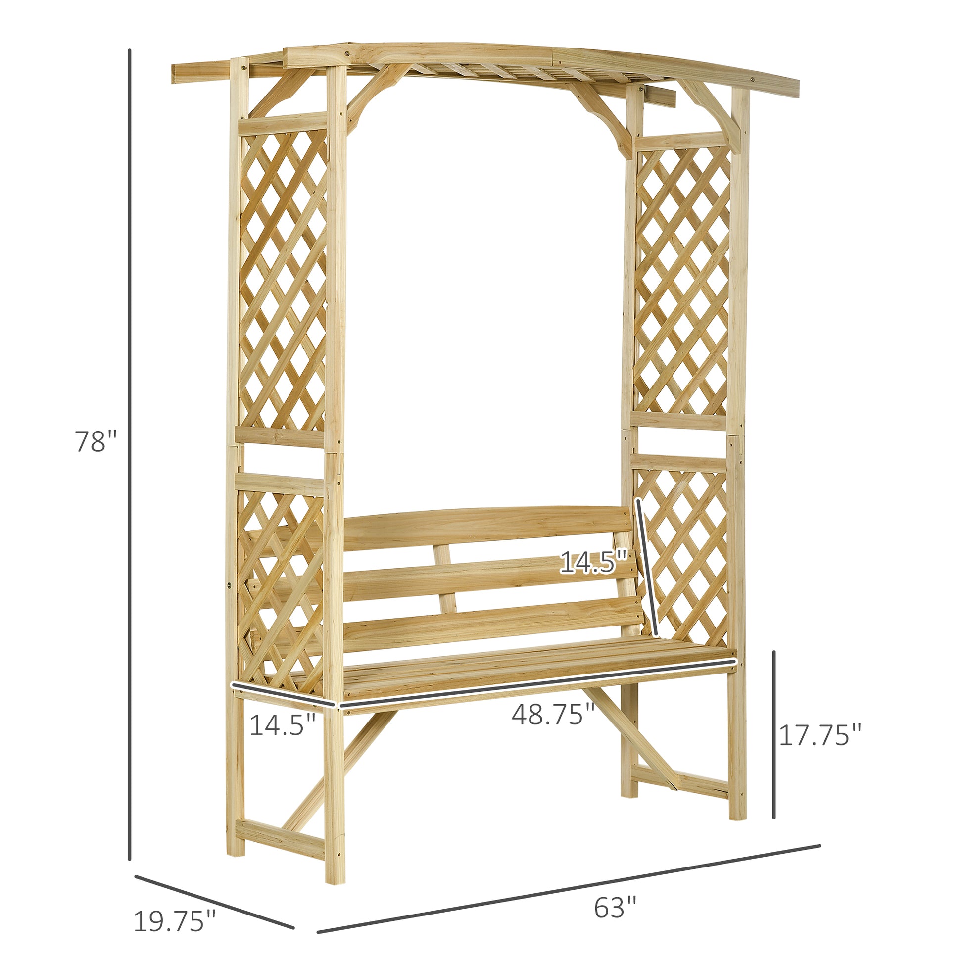 Outsunny Patio Garden Bench Arbor Arch With Pergola And 2 Trellises, 3 Seat Natural Wooden Outdoor Bench For Grape Vines & Climbing Plants, Backyard Decor, Natural Natural Wood