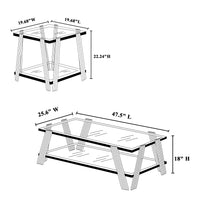 Modern Stainless Steel Coffee Table Set Set Of 2 , Double Layer Clear Tempered Glass Table Top, Coffee Table & End Side Table 2 Pieces Sets For Living Room Home Office, Silver Clear,Silver Modern