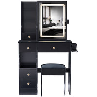 Small Size Left Drawer Desktop Vanity Table Cushioned Stool, 2 Ac 2 Usb Power Station, Hair Dryer Bracket, Extra Large Touch Control Sliding Led Mirror, Tri Color Switching, Epa,Gcc,Ul Certificate