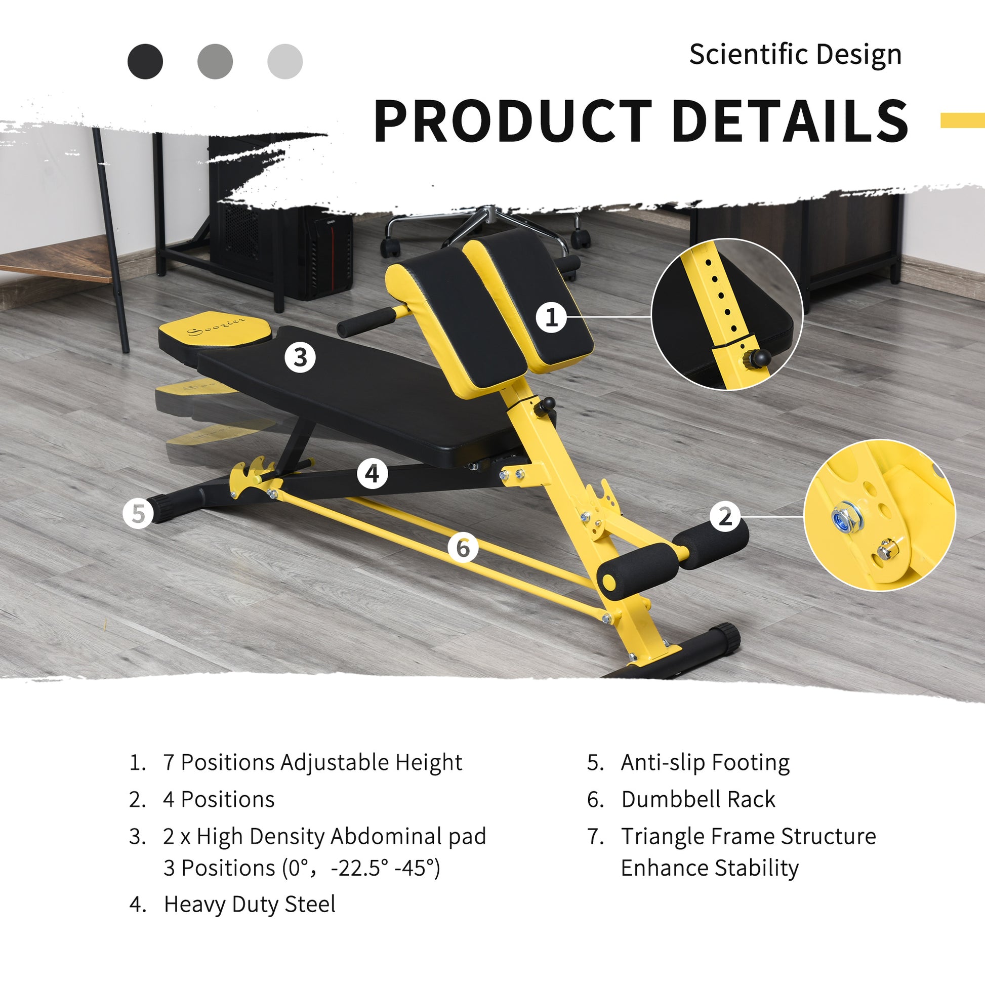 Soozier Adjustable Hyper Extension Dumbbell Weight Bench, Foam Leg Holders, Exercise Abs, Arms, Core, Strength Workout Station For Home Gym, Yellow Yellow Black Steel