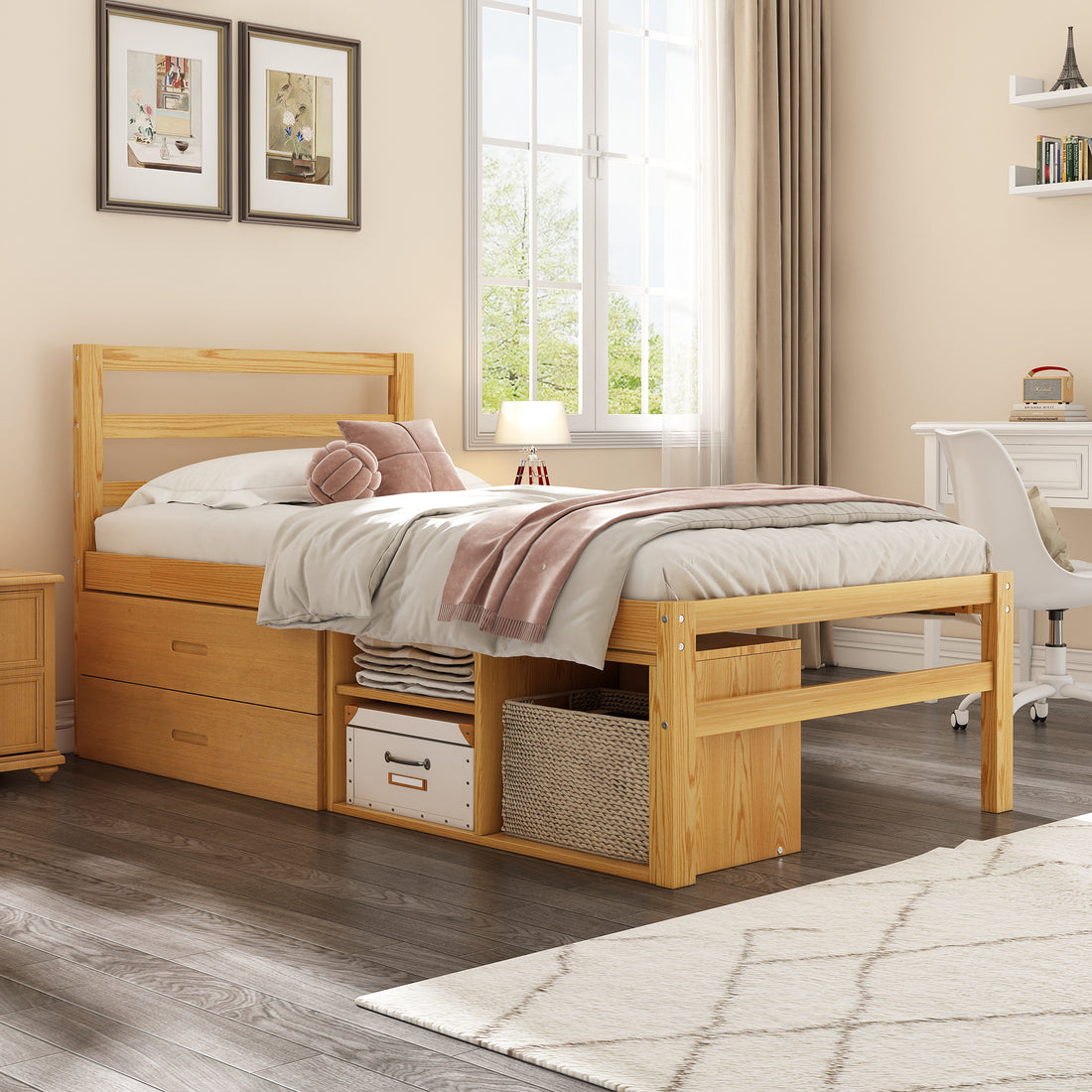 Twin Size Wood Platform Bed With Removable Storage Shelves, Built In Two Storage Drawers For Added Convenience, Natural Twin Natural Wood