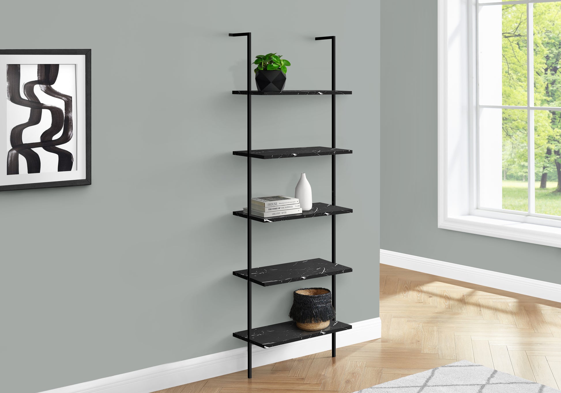 Bookshelf, Bookcase, Etagere, Ladder, 5 Tier, 72"H, Office, Bedroom, Black Marble Look Laminate, Black Metal, Contemporary, Modern Black Metal