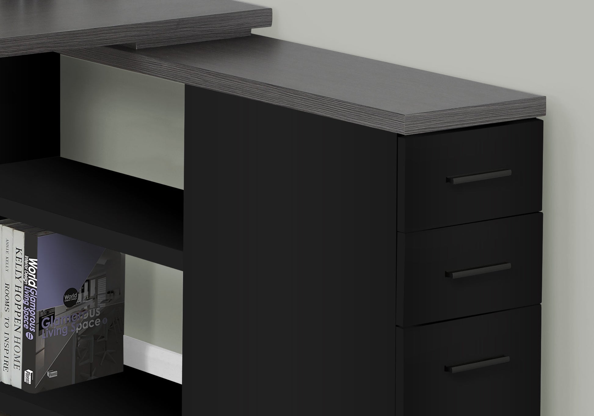 Computer Desk, Home Office, Corner, Left, Right Set Up, Storage Drawers, L Shape, Work, Laptop, Black And Grey Laminate, Black Metal, Contemporary, Modern Black Particle Board