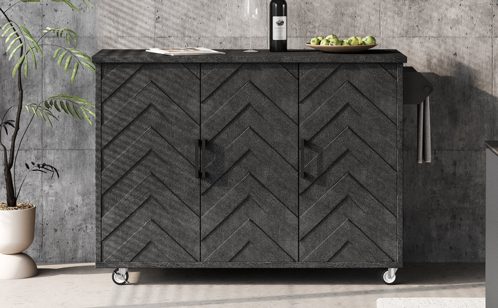 K&K 51.2"W 3D Wave Stripes Ash Veneer Not Cheap Paper Kitchen Island With Drop Leaf, Farmhouse Kitchen Island On Wheels With Internal Storage Rack, Rolling Kitchen Cart Black Black Brown Kitchen