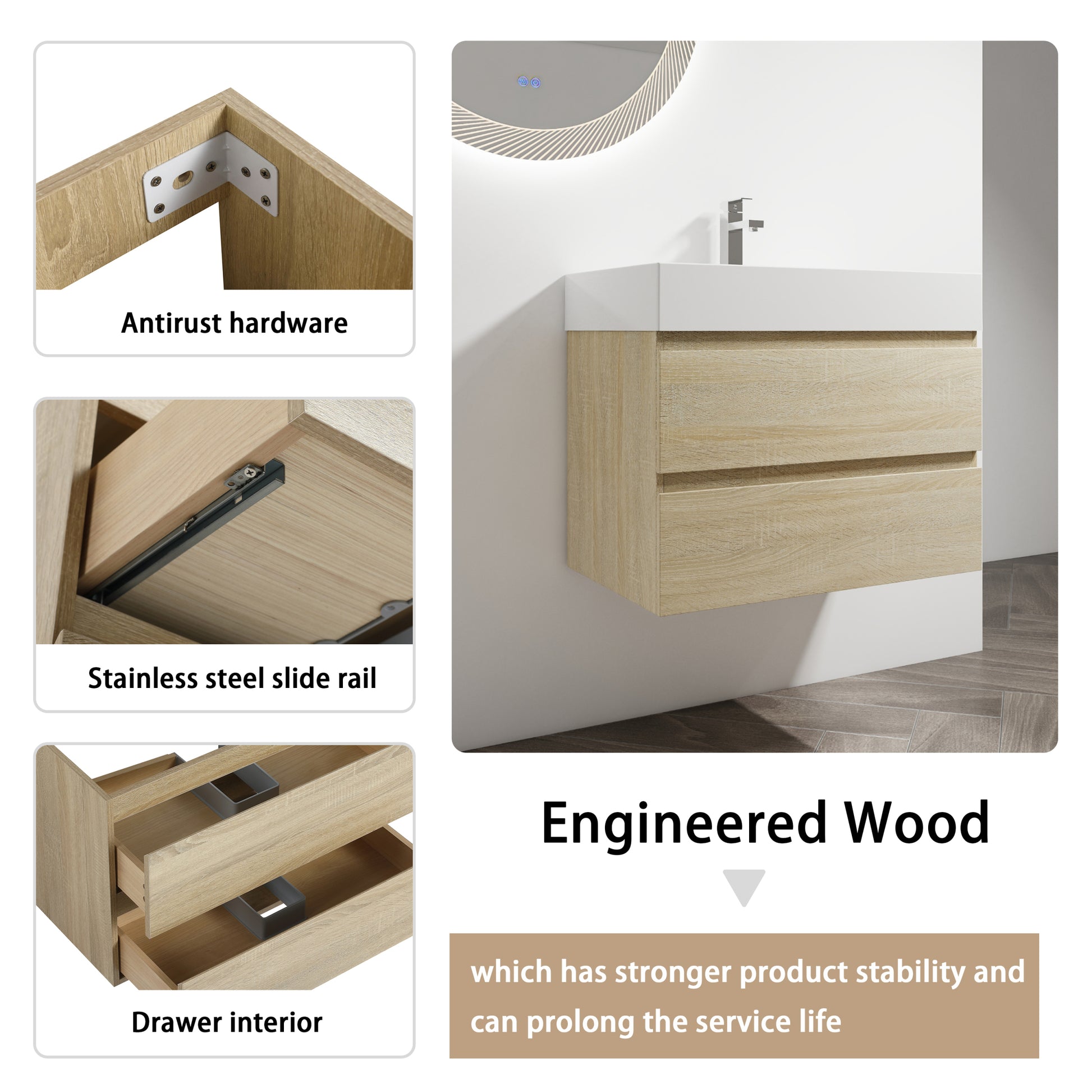 30" Wall Mounted Bathroom Vanity With Resin Sink, 2 Soft Close Drawers, Kd Package 2 Light Oak Bathroom Wall Mounted Modern Plywood