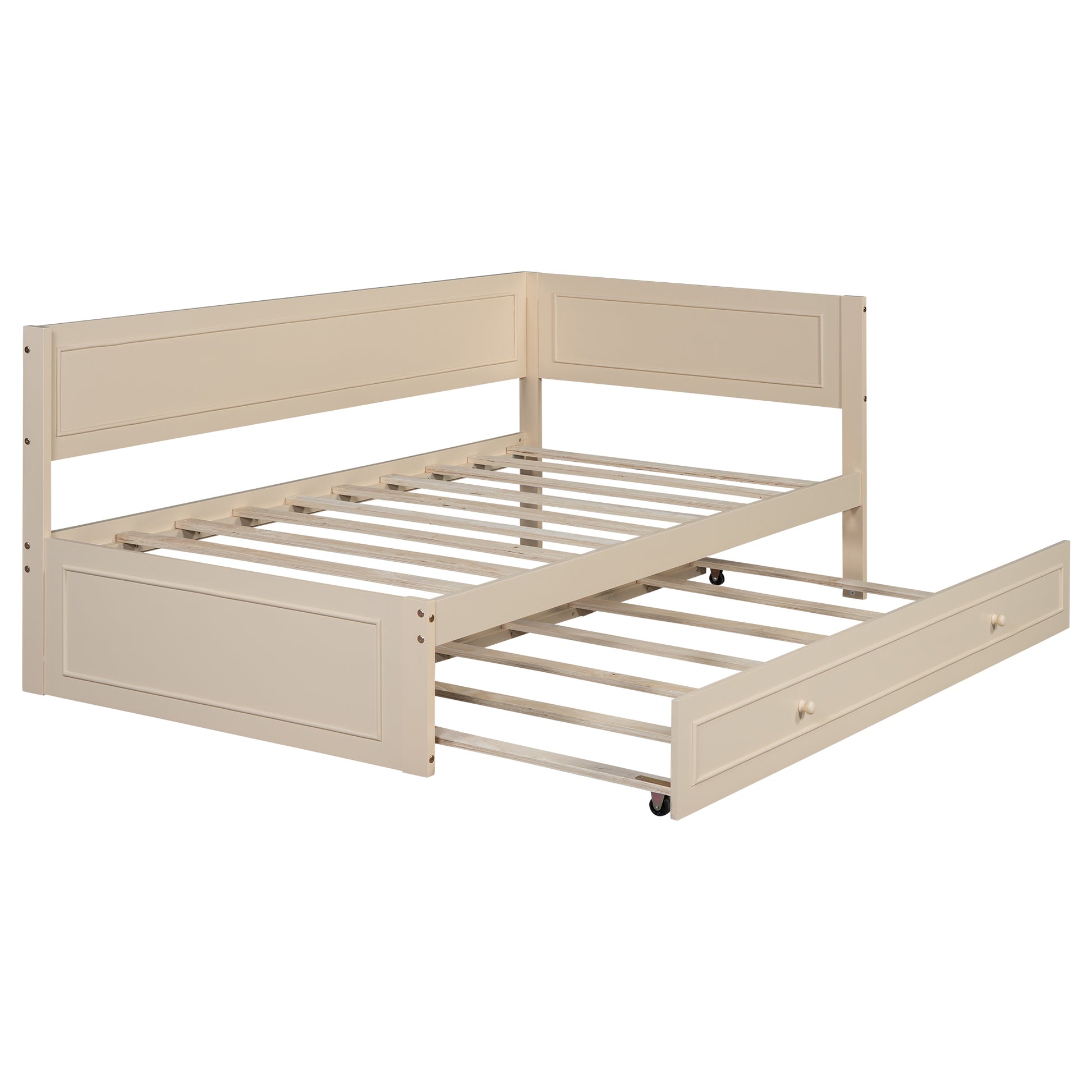 Twin Size Wood Daybed With Trundle And Guardrail, Beige Box Spring Not Required Beige Wood Solid Wood Mdf