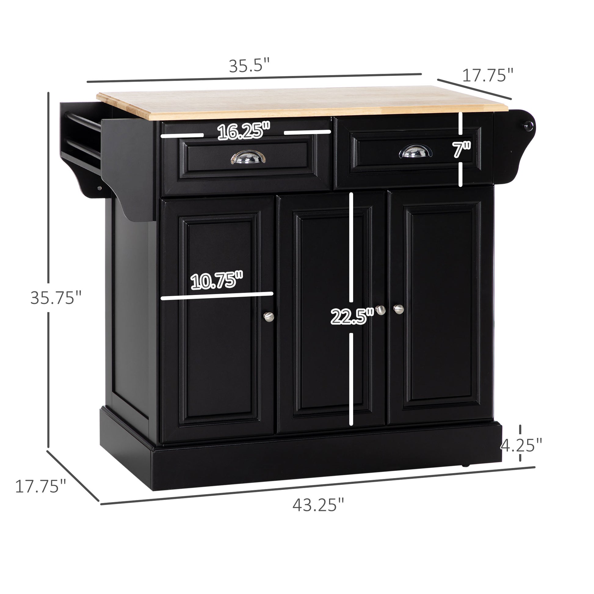 Homcom Rolling Kitchen Island With Storage, Kitchen Cart With Wheels And Wood Countertop, Utility Cart With 2 Drawers, 3 Cabinets, Towel Rack And Spice Stand, Black Black Rubber Wood