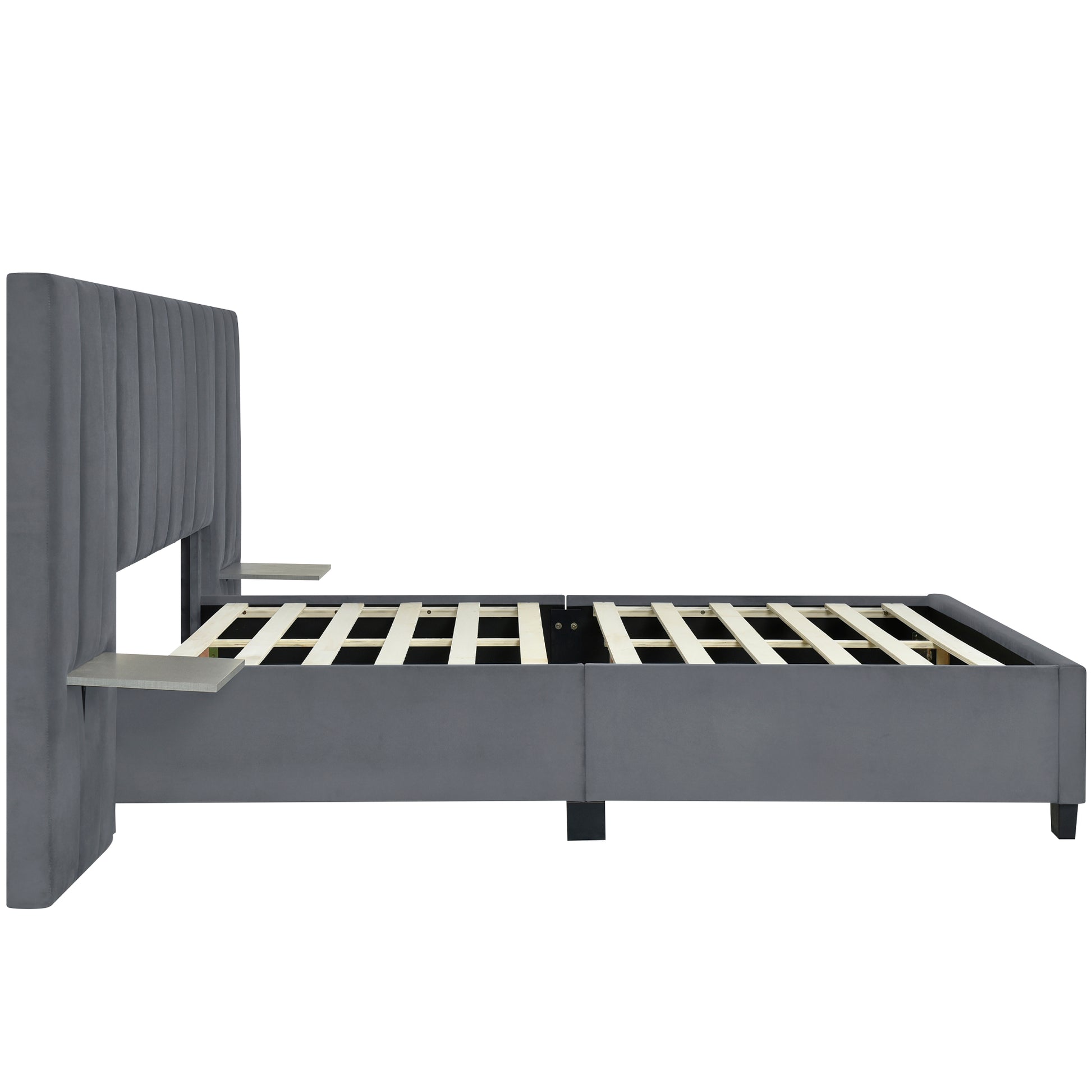 Queen Size Upholstered Platform Bed With Big Headboard, Bedroom Furniture, Velvet, Gray Queen Gray Plywood