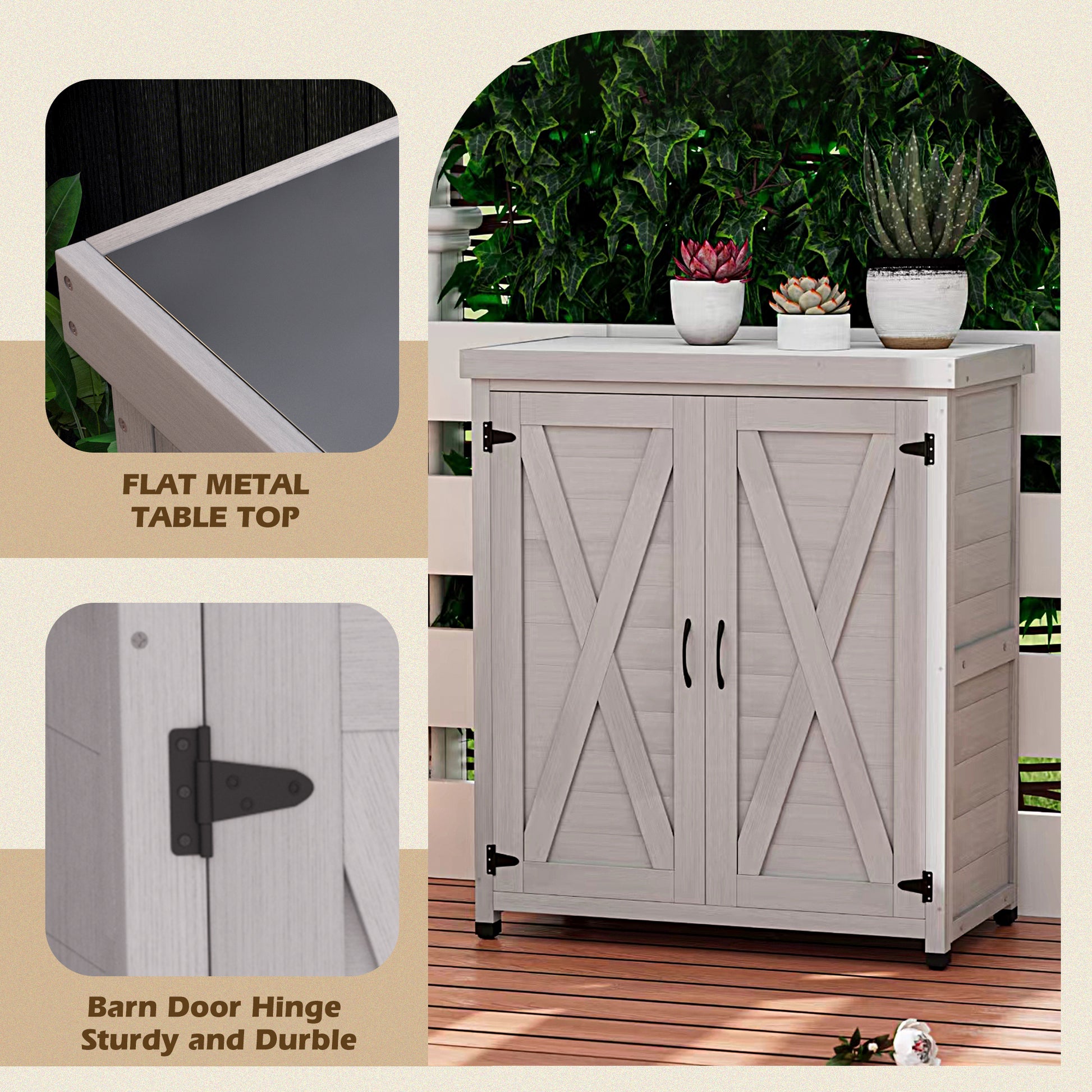 Potting Bench With Storage Cabinet And Metal Table Top For Outdoor Patio,Outdoor Work Station Table Gray Solid Wood