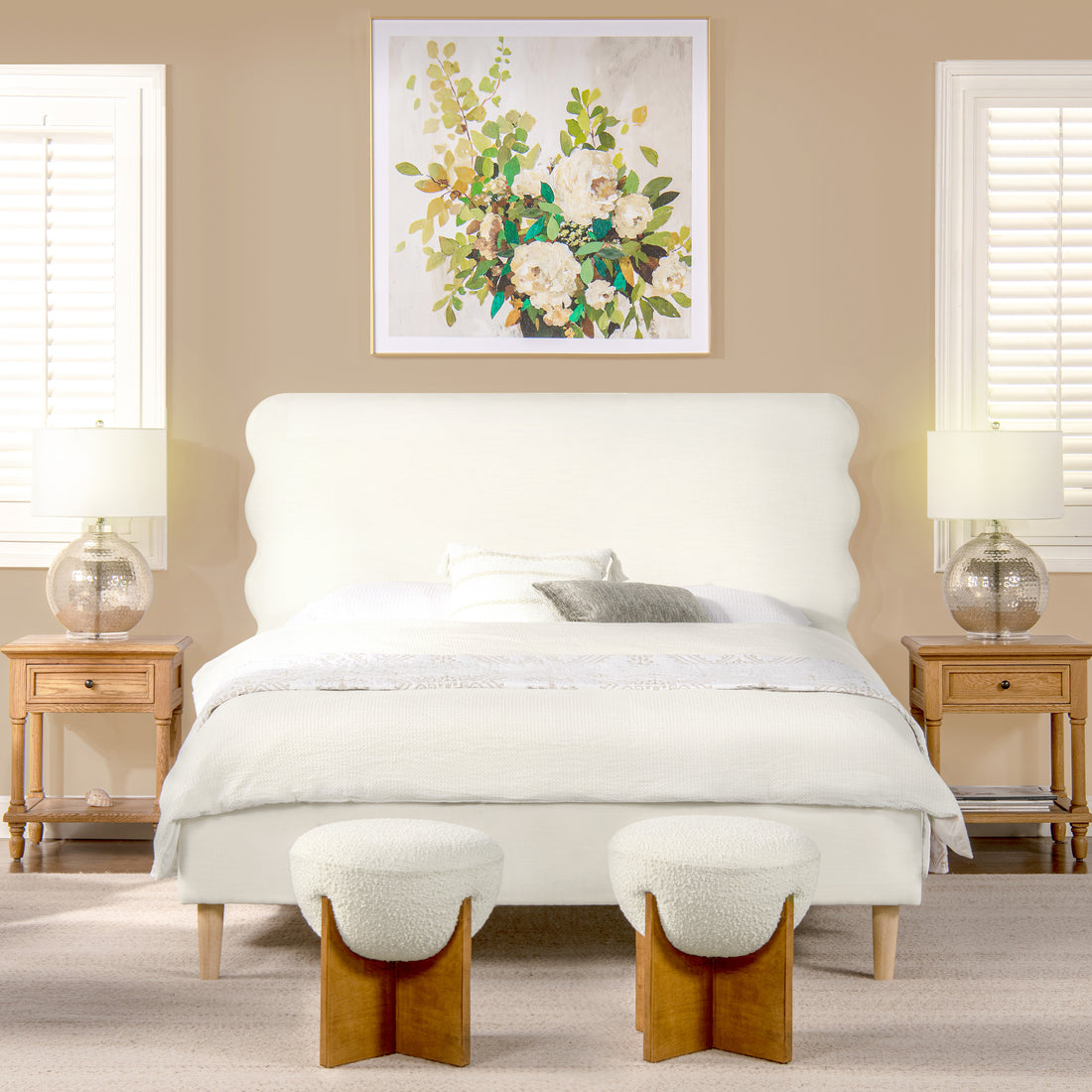 Stockholm Modern Wavy Headboard Platform Bed, Queen, Antique White Polyester Box Spring Not Required Queen Antique White Wood Foam Polyester Polyester