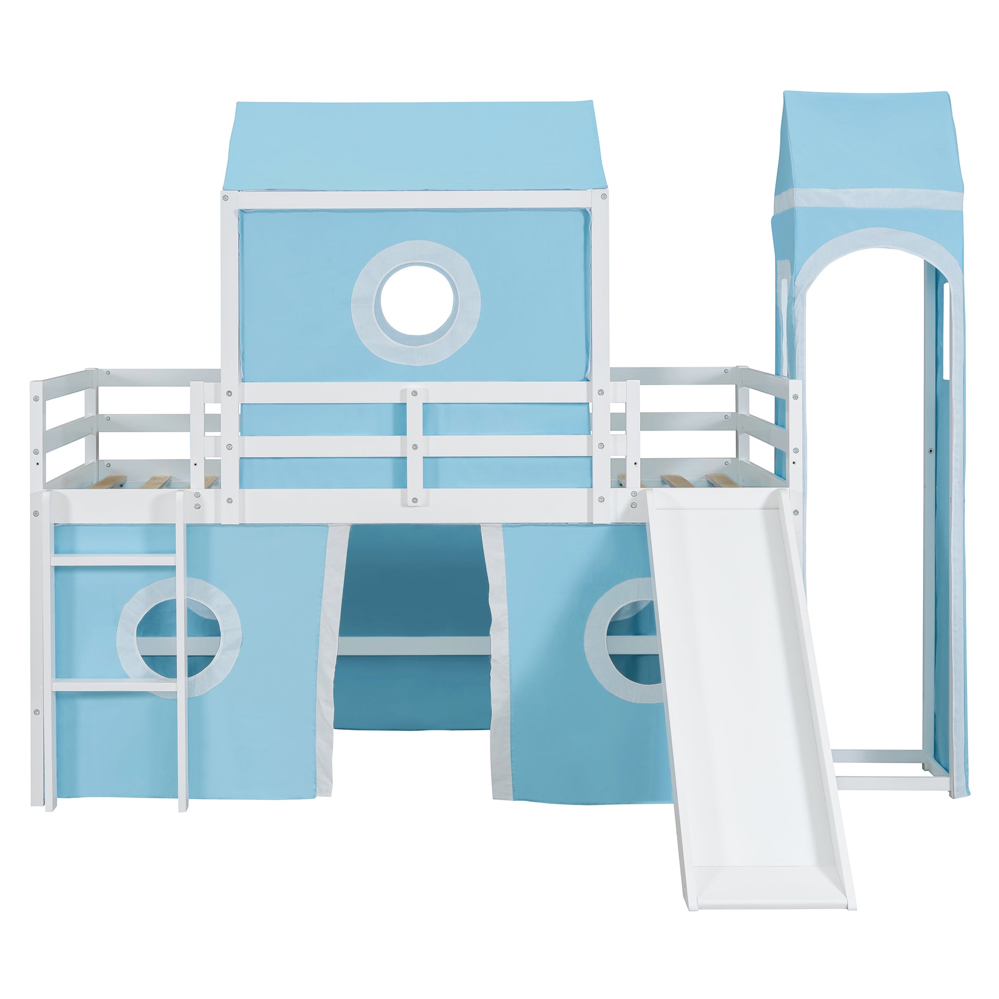 Twin Size Loft Bed With Slide Pink Tent And Tower Blue Old Sku:Wf298769Aac Twin Blue Solid Wood