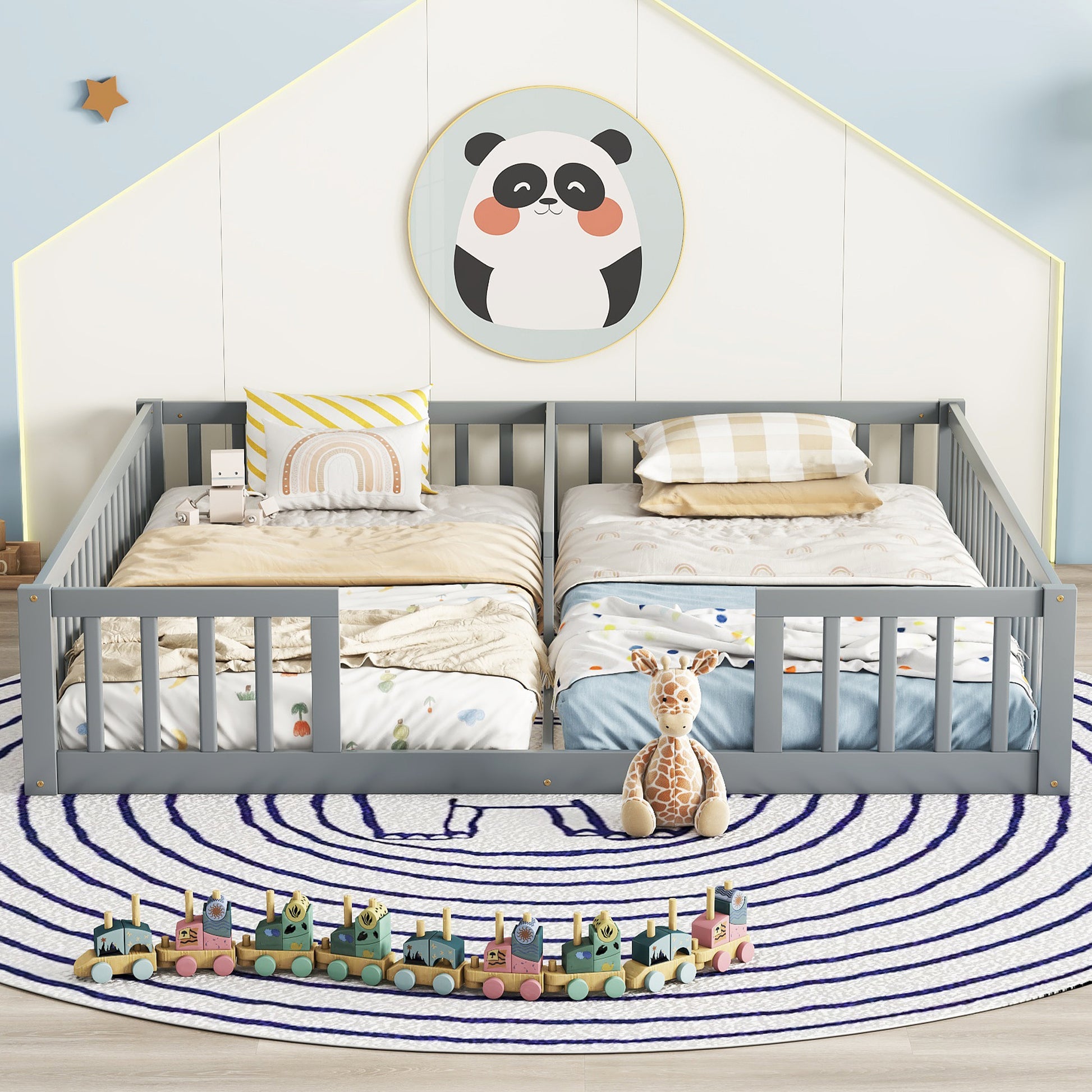 Double Twin Floor Bed With Fence, Guardrails, Without Door, Grey Twin Grey American Design Pine