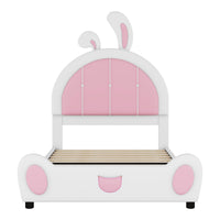 Twin Size Upholstered Platform Bed With Rabbit Shaped Headboard, White Box Spring Not Required Twin White Pink Wood Bedroom Bed Frame Faux Leather Upholstered