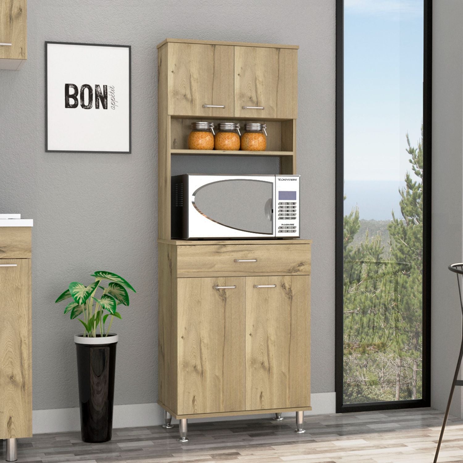 Pantry Cabinet 67" H, Four Doors, One Drawer, Three Internal Shelves, 2 External Storage Shelves, Microwave Storage Option, Four Legs, Light Oak Beige Particle Board Particle Board