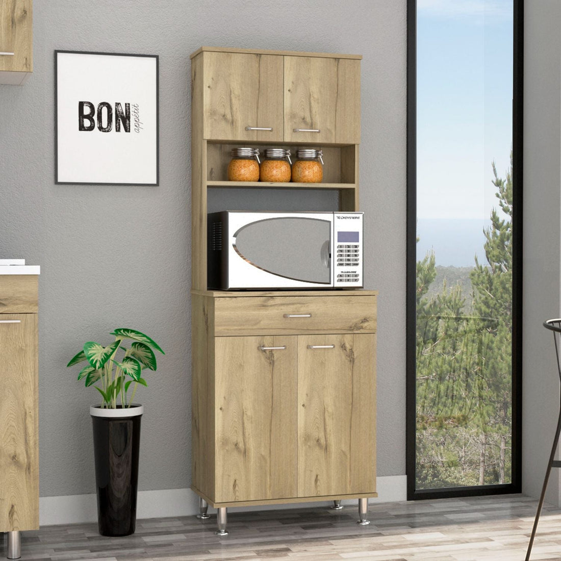 Pantry Cabinet 67" H, Four Doors, One Drawer, Three Internal Shelves, 2 External Storage Shelves, Microwave Storage Option, Four Legs, Light Oak Beige Particle Board Particle Board