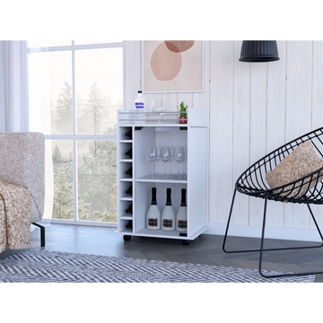 32" H White Bar Coffee Cart, Kitchen Or Living Room Cabinet Storage With With 4 Wheels, With 6 Bottle Racks, A Central Shelf Covered By 1 Glass Door, 1 Support Surface With Aluminum Front. White