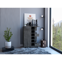 32" H Smokey Oak Bar Coffee Cart, Cabinet Storage, With 4 Wheels, 1 Divided Storage With 1 Shelf, 1 Folding Door, A Central Vertical Division For 6 Bottles And 2 Side Shelves With Aluminum Front