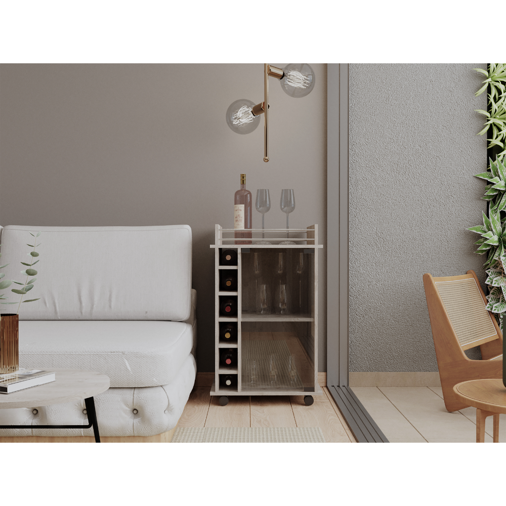 32" H Black Coffee Bar Cart, Kitchen Or Livingroom Storage With 4 Wheels, Division For 6 Bottles, 1 Internal Shelf With Capacity To Store Snacks, Bottles, Liquors Covered By A Glass Door Gray