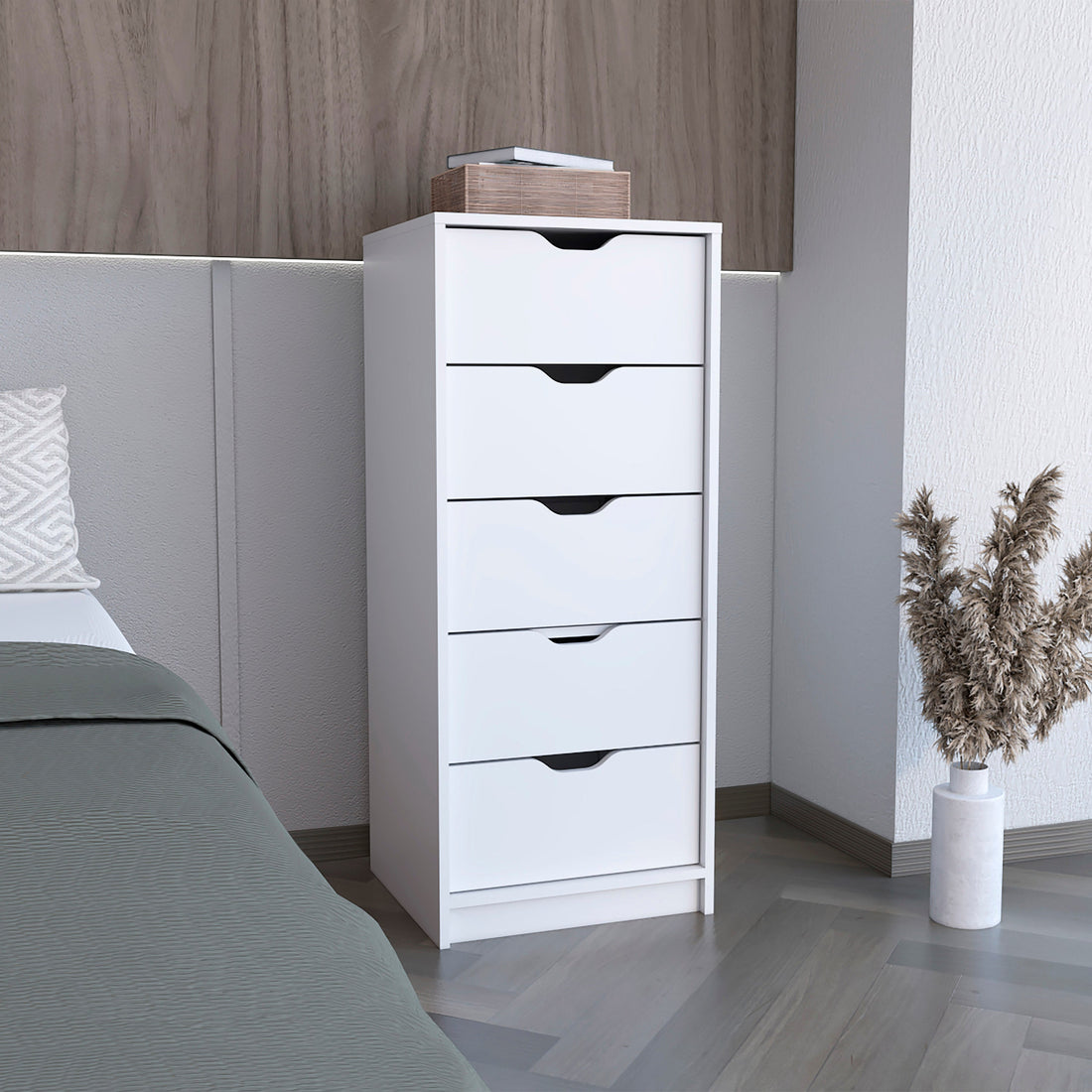 Basilea 5 Drawers Tall Dresser, Pull Out System White White White Bedroom Modern Particle Board Particle Board