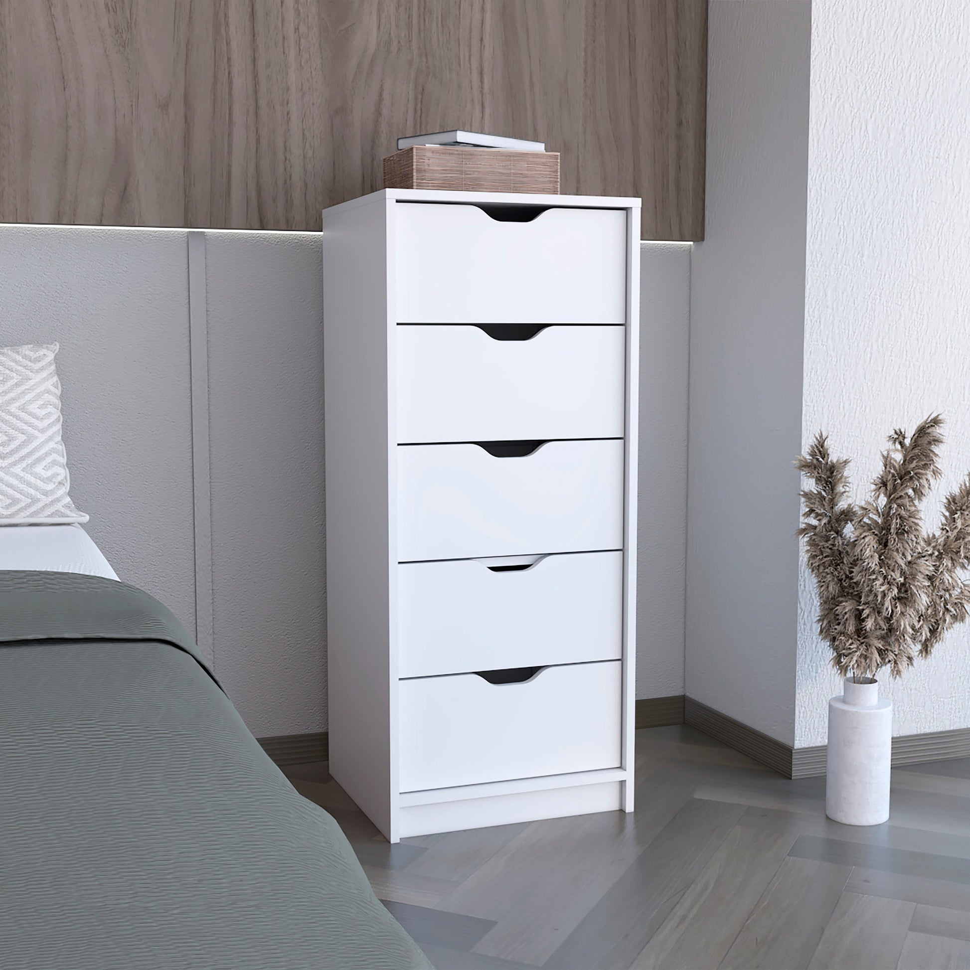 Basilea 5 Drawers Tall Dresser, Pull Out System White White White Bedroom Modern Particle Board Particle Board