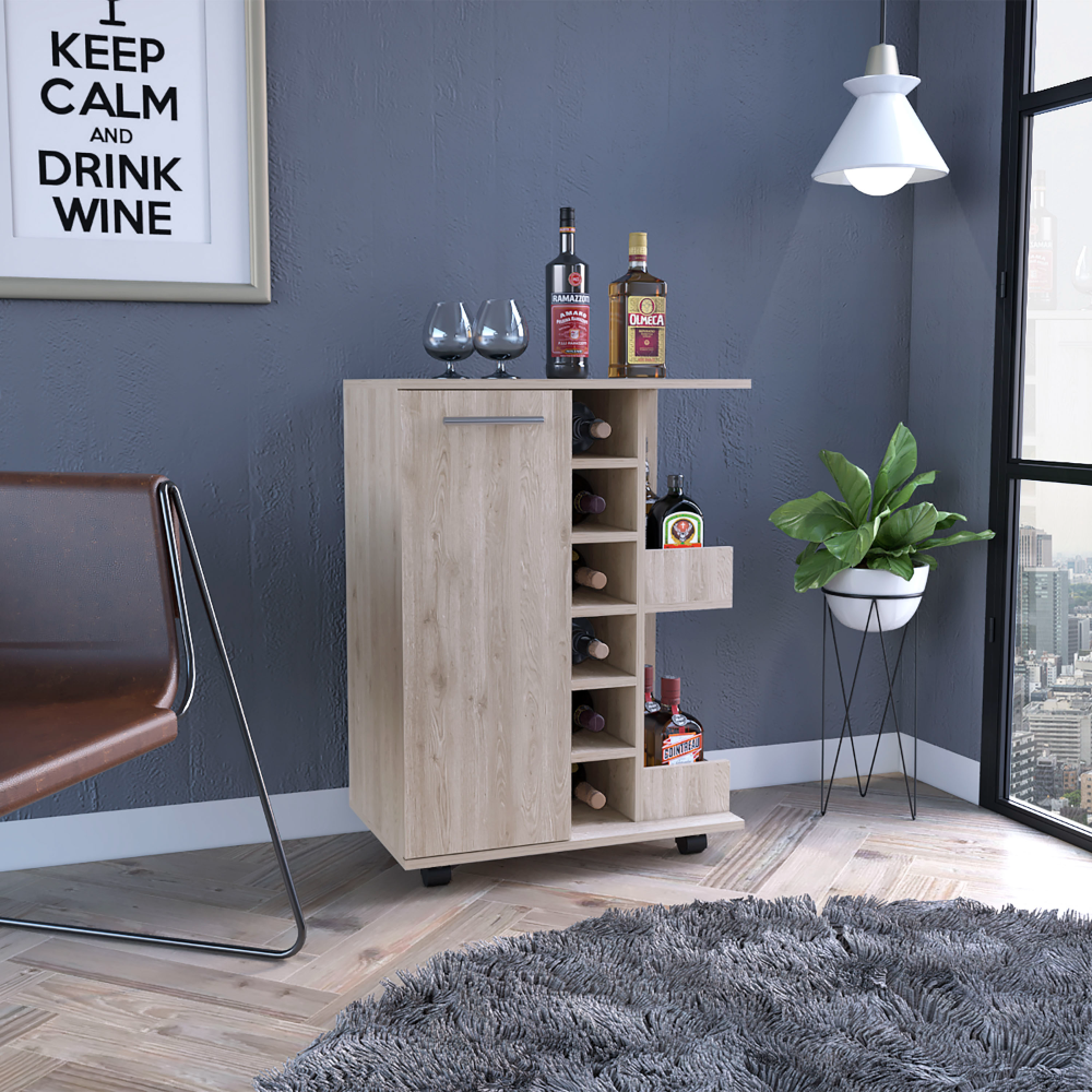 32" H Light Oak Bar Coffee Cart, Cabinet Storage, With 4 Wheels, 1 Divided Storage With 1 Shelf, 1 Folding Door, A Central Vertical Division For 6 Bottles And 2 Side Shelves With Aluminum Front