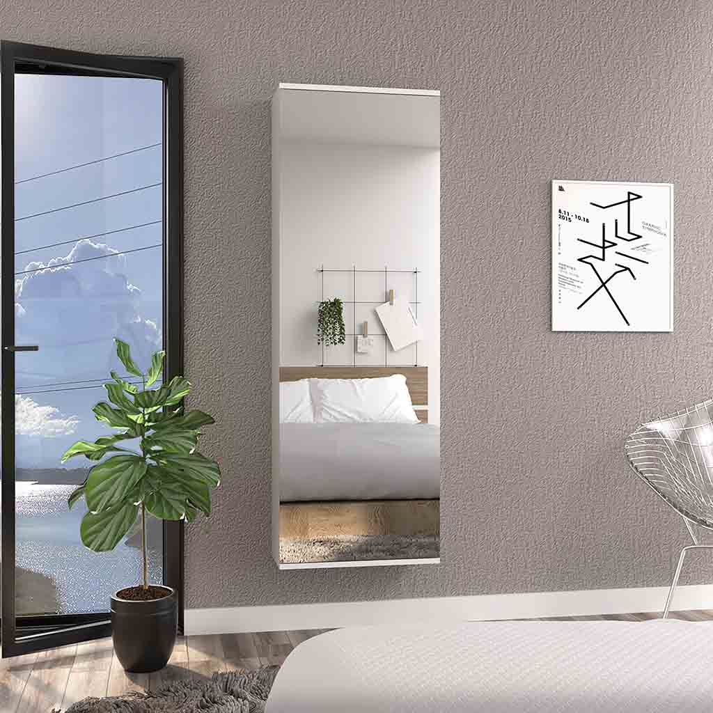Wall Shoe Rack 54" H, One Mirror, One Door, Five Internal Storage Shelves, Approximate Capacity For Ten Shoes, White White Particle Board Particle Board
