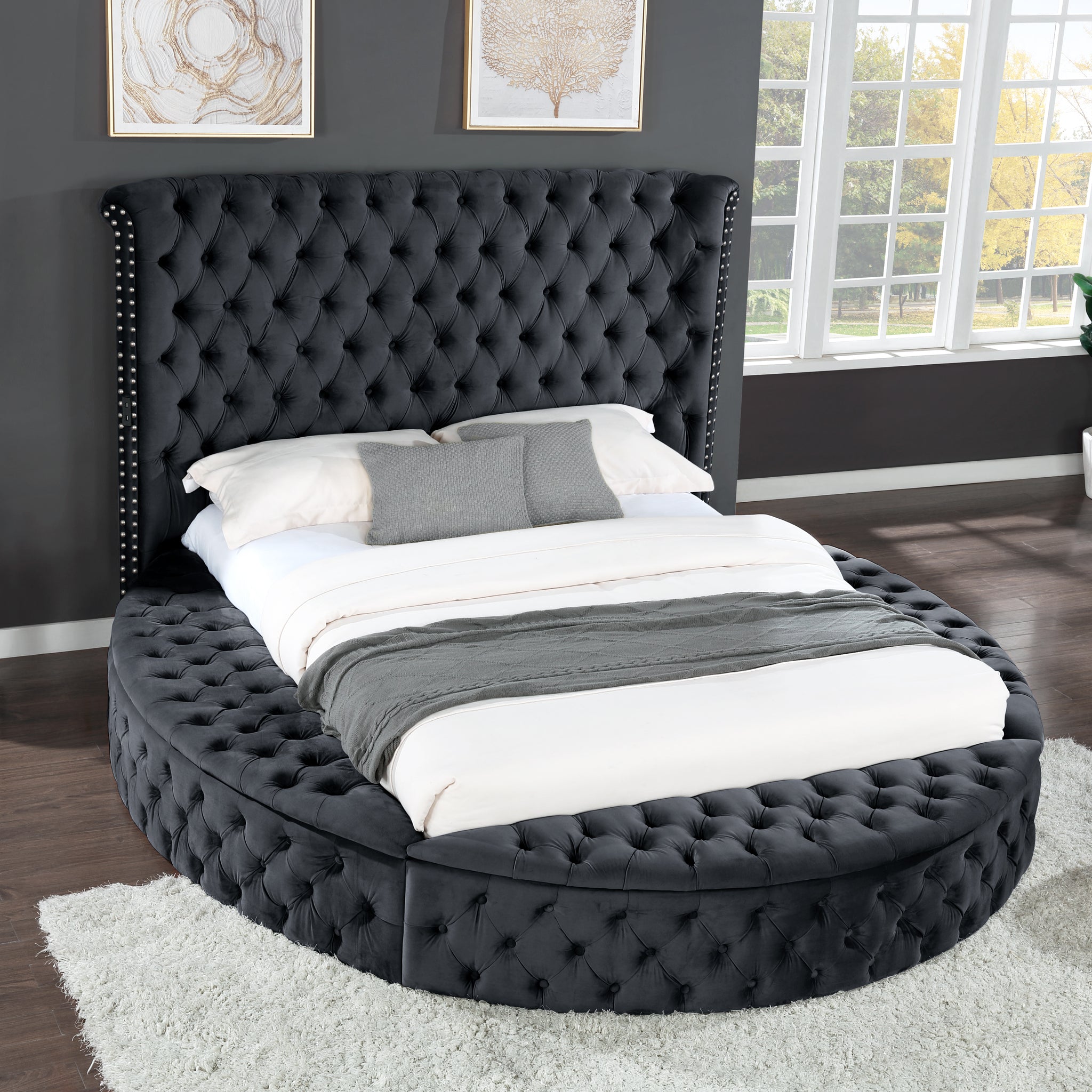 King Size Tufted Upholstery Storage Bed Made With Wood In Black Box Spring Not Required King Black Wood Bedroom Modern Slat Beds Upholstered Velvet Wood