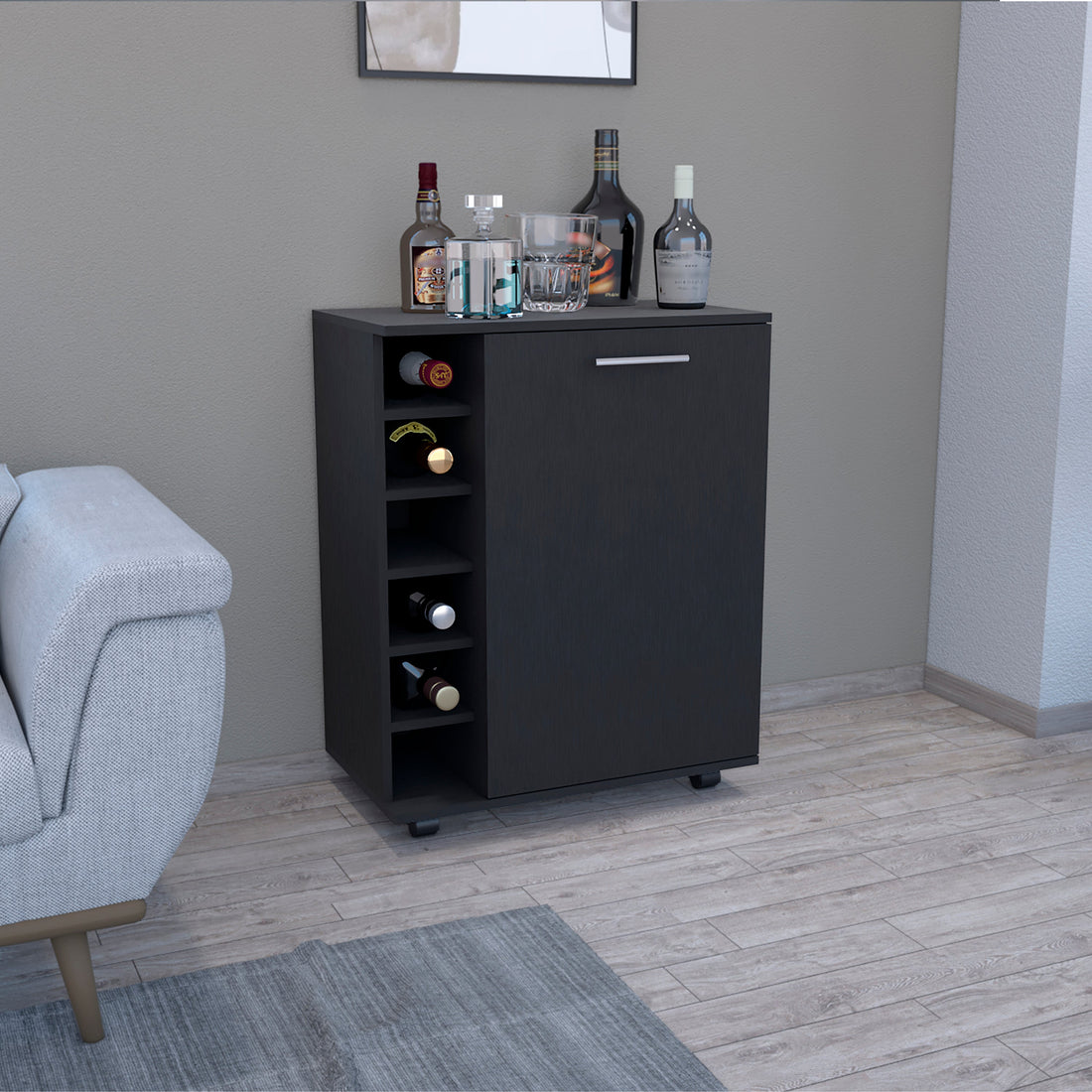 32" H Black Bar Coffee Cart, Kitchen Or Living Room Cabinet Storage With 4 Wheels, With 6 Bottle Racks, A Central Shelf Covered By 1 Door, Ideal For Storing Glasses And Snacks Black Particle Board