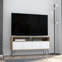 Vassel Tv Stand, Hairpin Legs, Double Cabinets, Superior Top Aged Oak White Multicolor 60 69 Inches Particle Board Particle Board