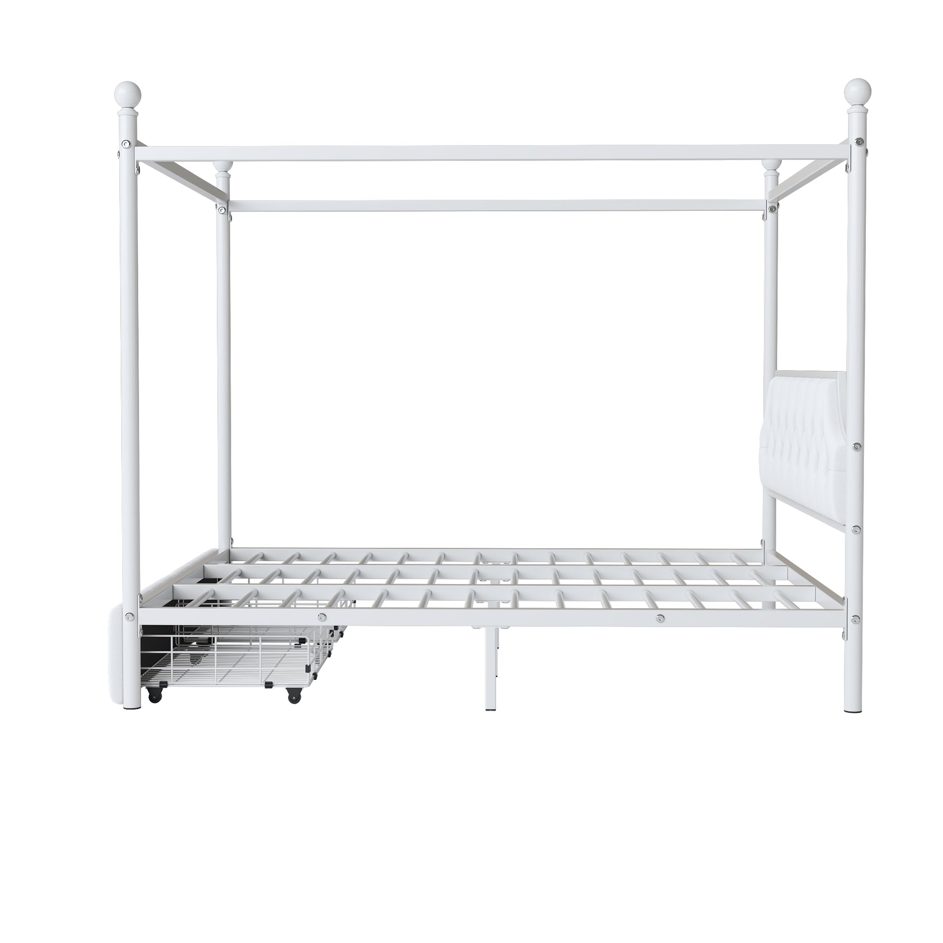 Queen Size Metal Canopy Platform Bed With Upholstered Headboard And Two Storage Drawers, White Queen White Metal