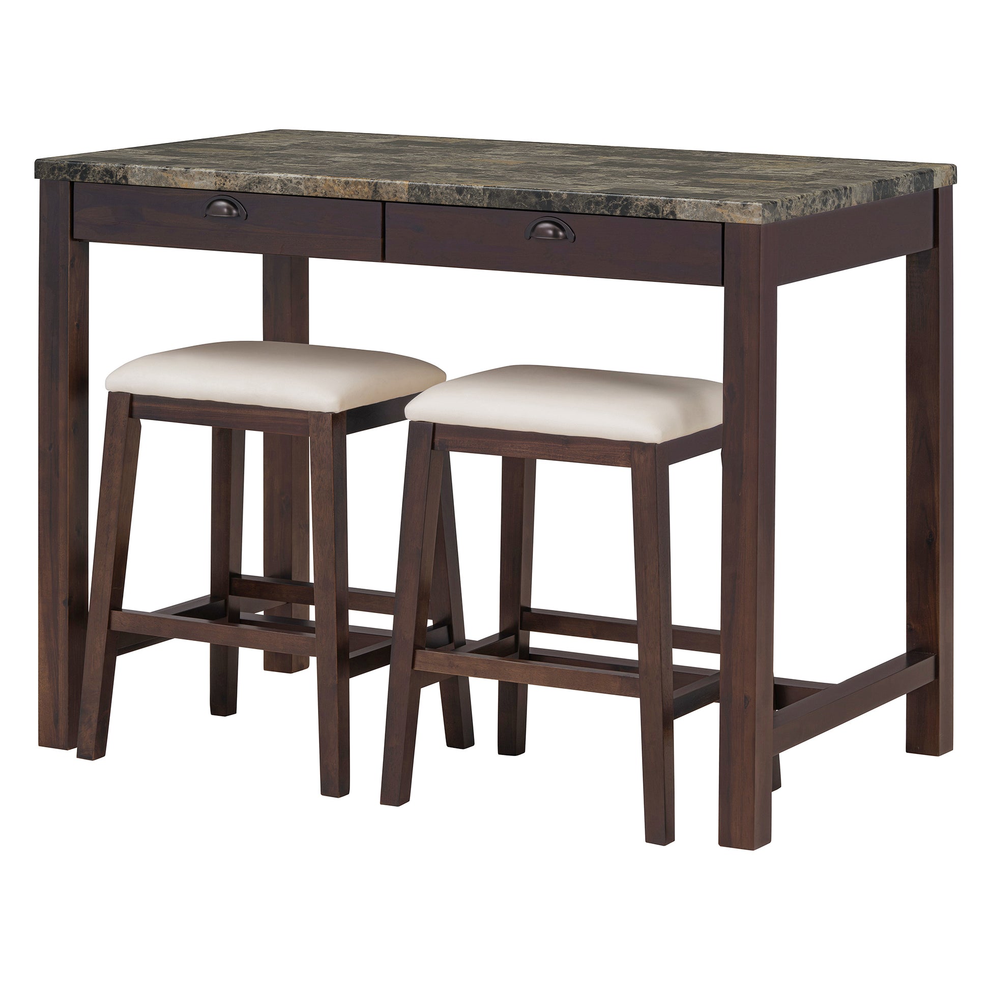 5 Piece Modern Faux Marble Versatile Bar Table Set With Storage Drawers And Padded Stools, Ideal For Space Saving Dining Nooks Or Small Kitchens Walnut Walnut Solid Wood Mdf