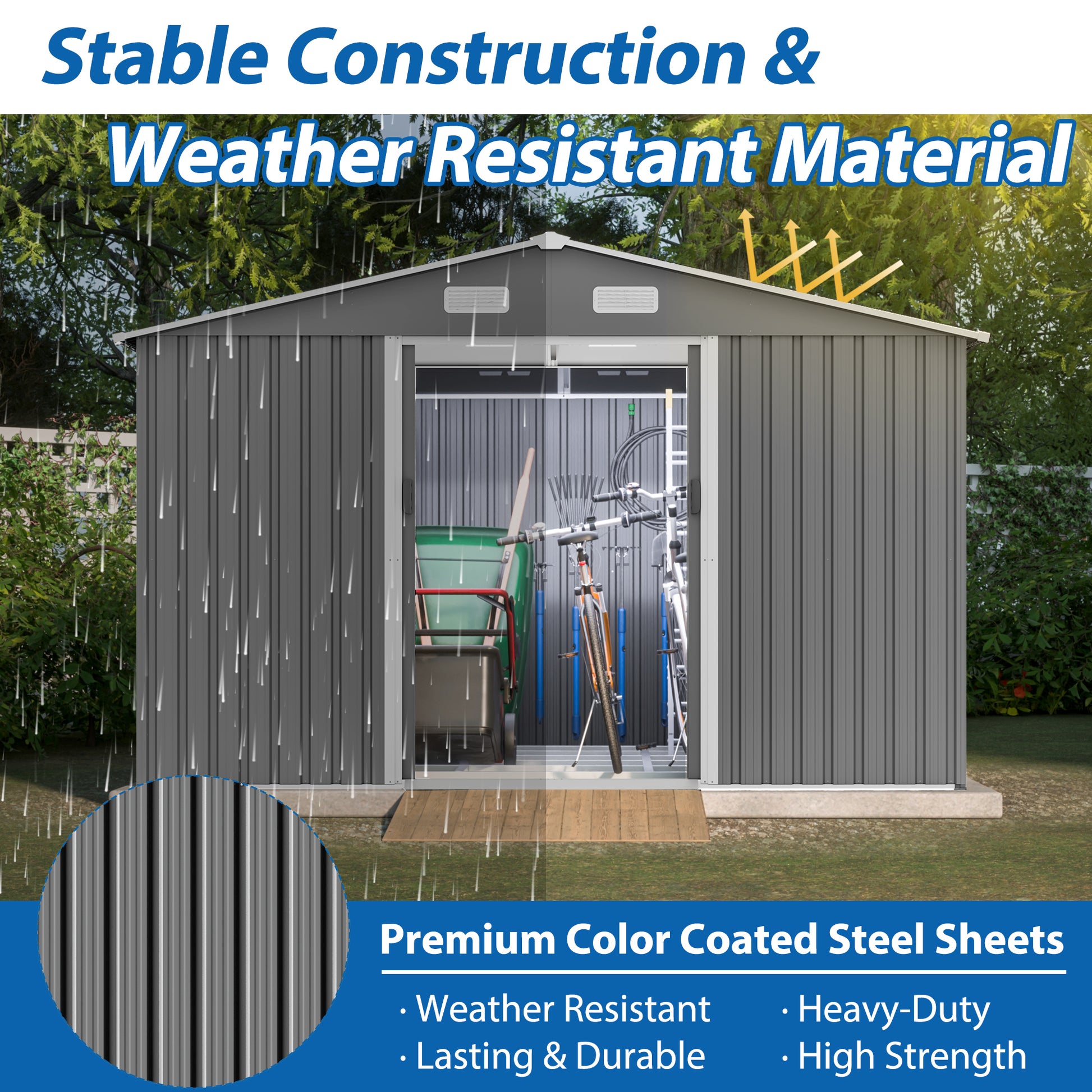 10X8 Ft Outdoor Tool Storage Shed With Metal Foundation & Lockable Doors, All Weather Metal Sheds For Garden, Patio, Backyard, Lawn, Gray Gray Metal