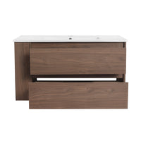 36" Wall Mounting Bathroom Vanity With Ceramic Sink, Soft Close Drawer 2 Brown Oak 1 Bathroom Wall Mounted Modern Plywood