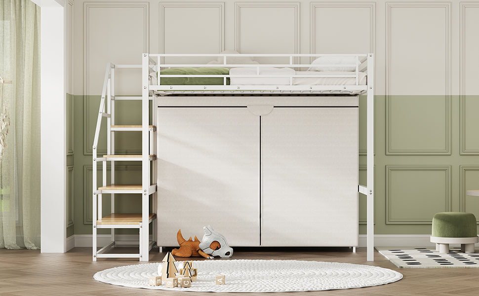 Full Size Metal Loft Bed With Wardrobe And Storage Shelves, White Box Spring Not Required Full White Metal Mdf Metal