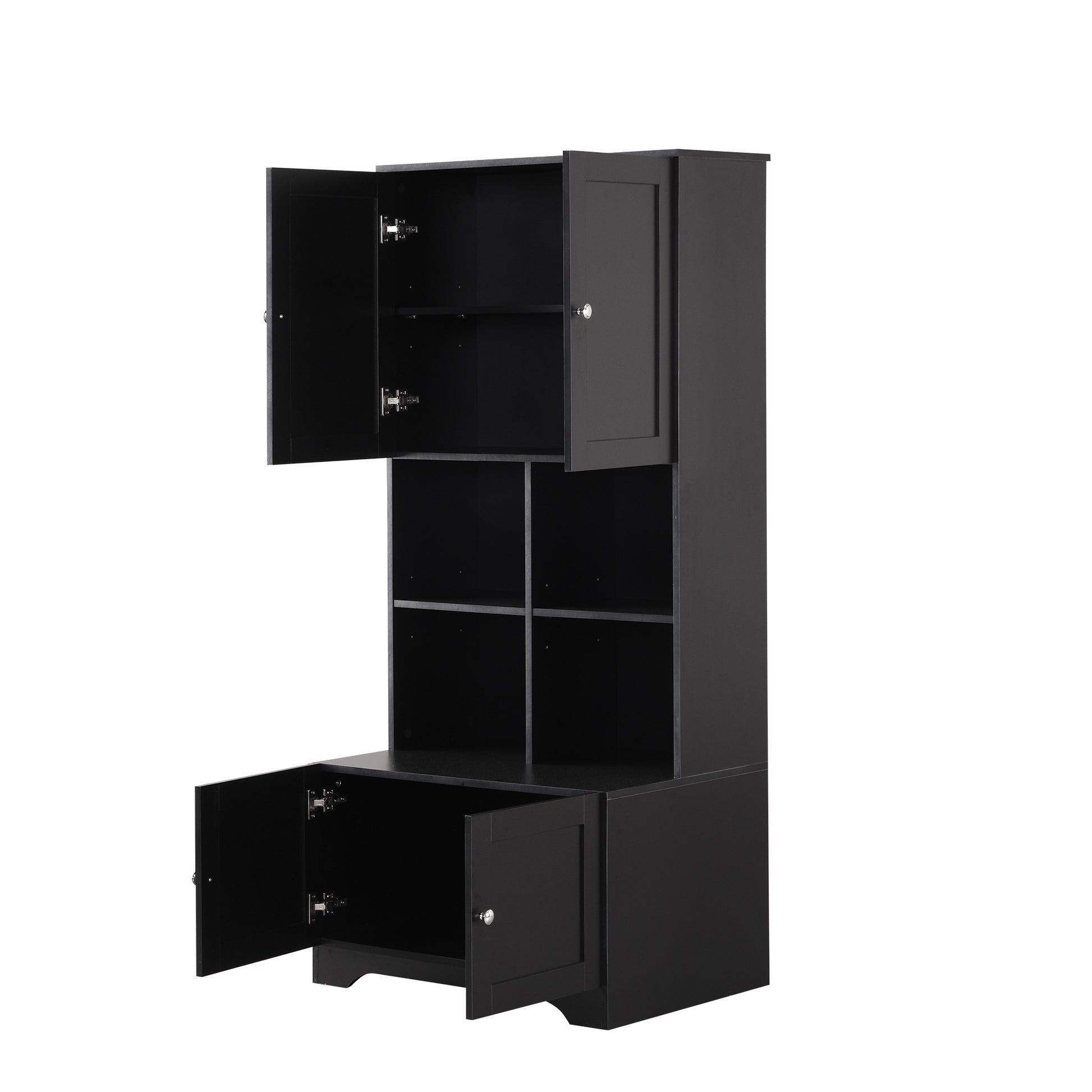 Tall And Wide Bathroom Floor Storage Cabinet, Bathroom Storage Unit, Freestanding Cabinet With 4 Doors, Adjustable Shelves, Open Multi Layer Shelves, Black Black Mdf