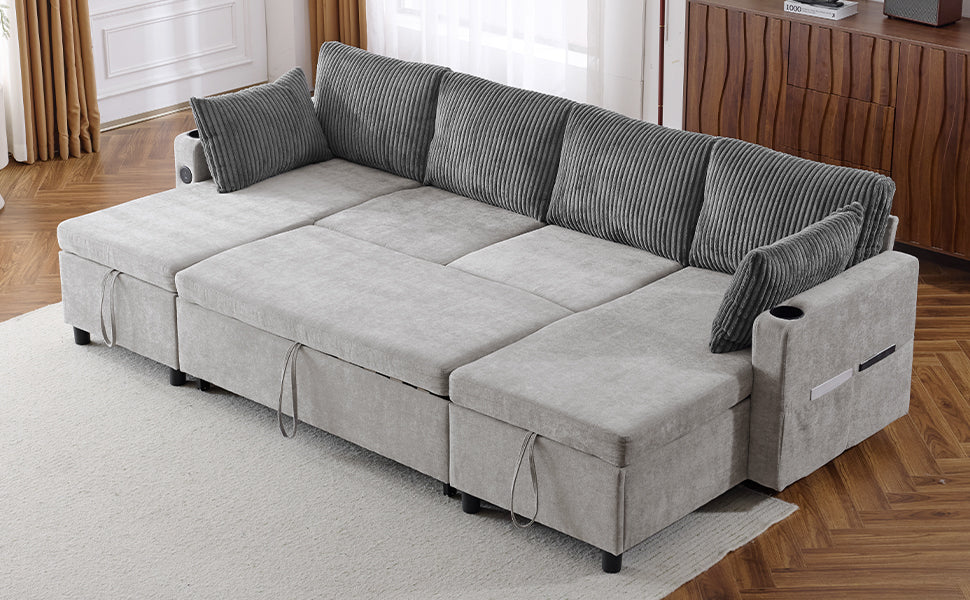 111.8" Sectional Sofa Pull Out Sofa Bed Versatile Sofa Sleeper With Large Storage Space, Two Usb Ports And Two Cup Holders For Living Room, Grey Grey Foam Chenille 4 Seat