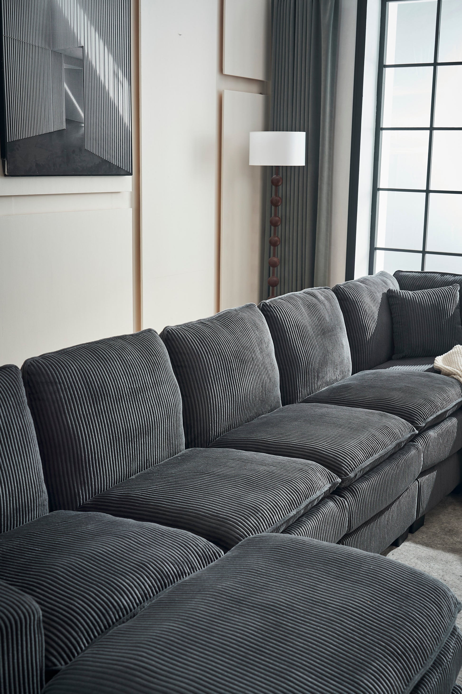 Modern U Shaped 6 Seat Sectional Sofa Couch With One Ottoman And Three Toss Pillows ,Modular Sofa For Living Room,Corduroy Sofa Grey Corduroy 7 Seat