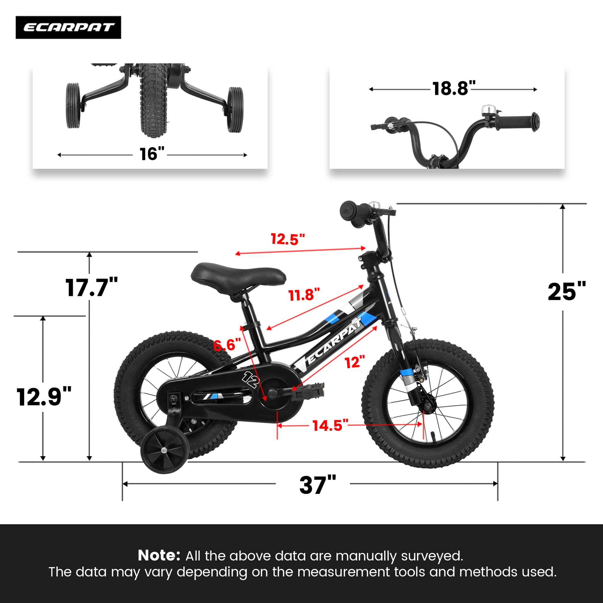 A12117 Ecarpat Kids' Bike 12 Inch Wheels, 1 Speed Boys Girls Child Bicycles For 2 3 Years, With Removable Training Wheels Baby Toys, Front V Brake, Rear Holding Brake Black Polyurethane Foam 3 To 4 Years Carbon Steel Outdoor