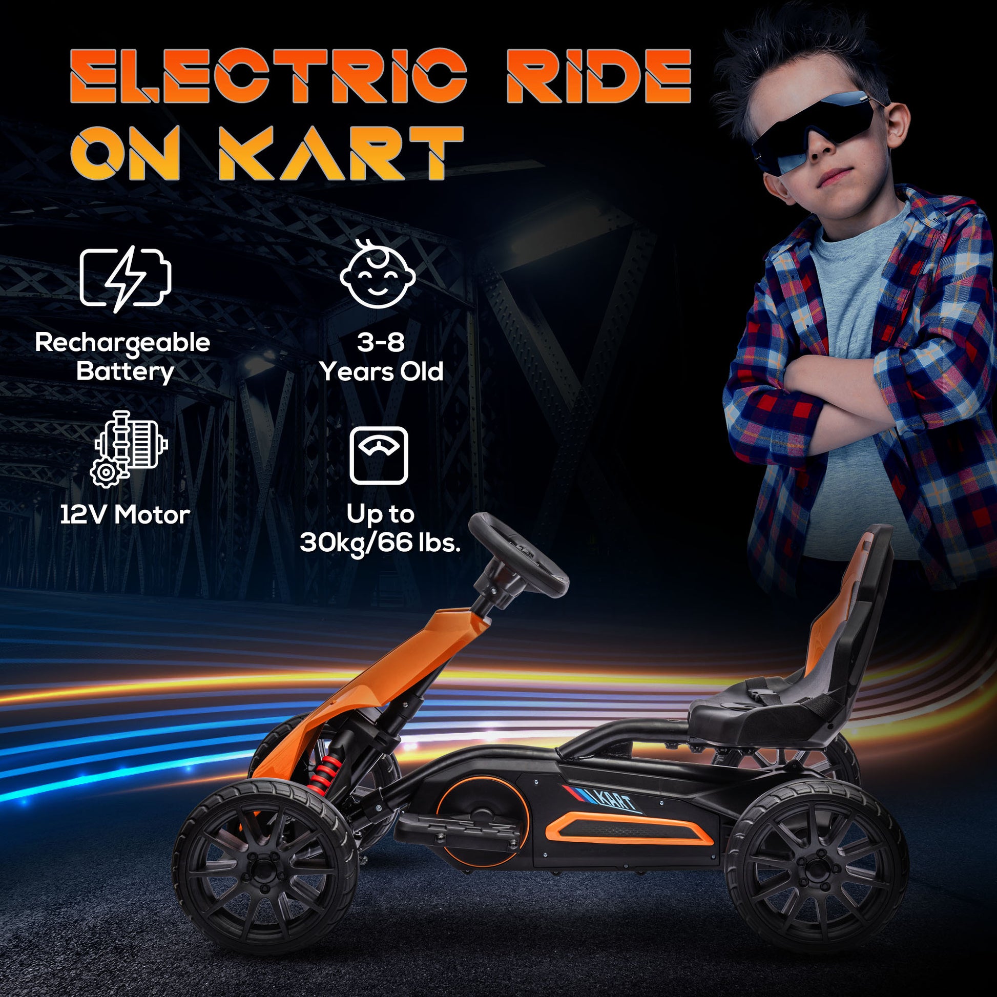 Aosom 12V Electric Go Kart For Kids, Outdoor Ride On Toy With Forward Backward Drive & Adjustable Speed, Gift For Child 3 8 Years Old, Orange Orange Plastic