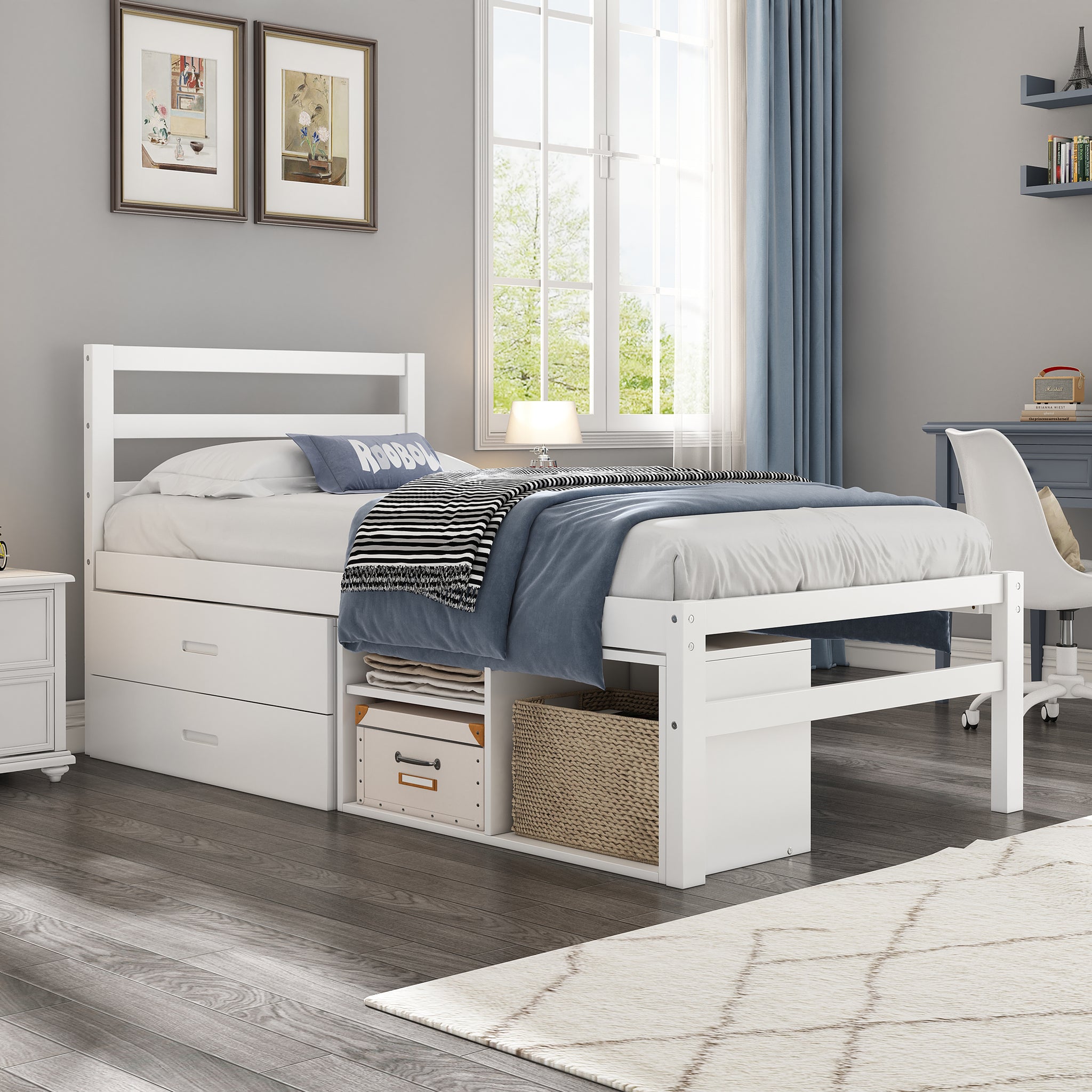 Twin Size Wood Platform Bed With Removable Storage Shelves, Built In Two Storage Drawers For Added Convenience, White Twin White Wood