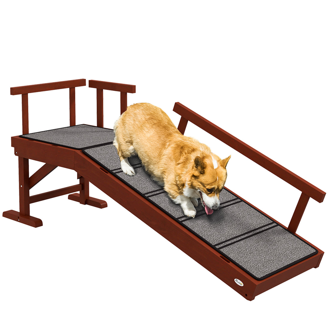 Pawhut Dog Ramp, Dog Stairs For Small, Medium & Large Dogs, Pet Ramp For Bed Or Couch With Removable Guardrails, Non Slip Surface, 49" Long, Brown Brown Pine