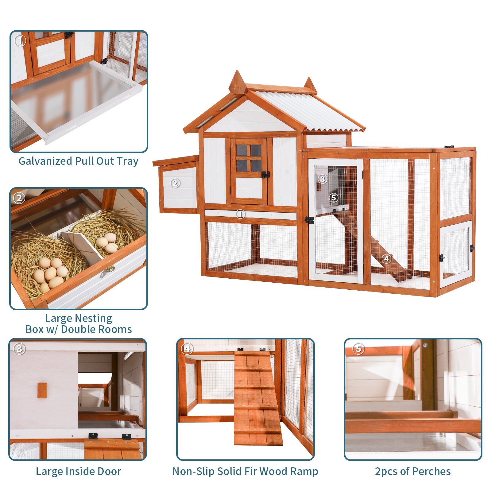 Weatherproof Outdoor Chicken Coop With Nesting Box, Outdoor Hen House With Removable Bottom For Easy Cleaning, Weatherproof Poultry Cage, Rabbit Hutch, Wood Duck House Brown White Solid Wood