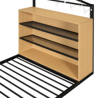 Twin Size Metal Bed House Bed Frame With Shelves And Lights, Black Twin Black Metal & Wood